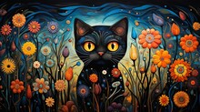 Illustration Of A Black Cat Surrounded By Vibrant Flowers Created With Generative AI Technology