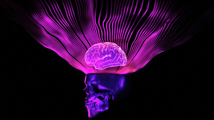 Poster - 3D animation with skull and glowing brain. Design. Stylish modern animation with 3d brain and glowing stripes above skull. Cool skull with bright brain and stripes on black background