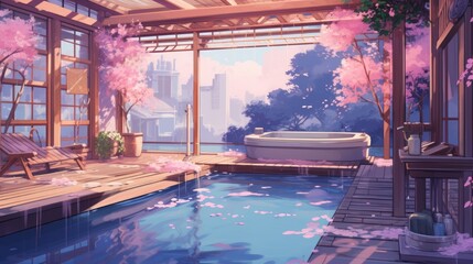 Anime-style illustration of a beautiful outdoor bath house