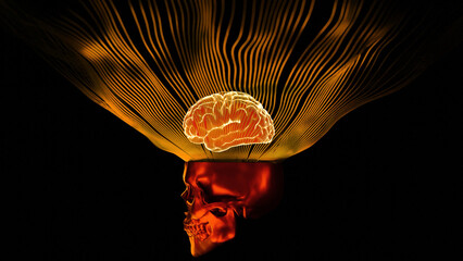 Poster - 3D animation with skull and glowing brain. Design. Stylish modern animation with 3d brain and glowing stripes above skull. Cool skull with bright brain and stripes on black background
