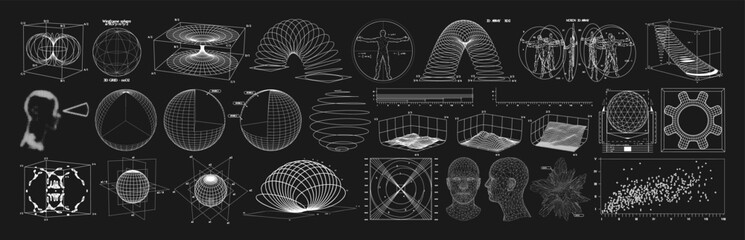wireframe of geometric shapes. 3d retro futuristic blueprints of spheres, landscapes, diagram, graph