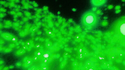 Poster - Space with glowing fluffy balls. Motion. Field of glowing balls in dark space. Lots of glowing balls in style of allergens or diseases