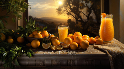 Wall Mural - Freshly squeezed orange juice and sweet Sicilian oranges