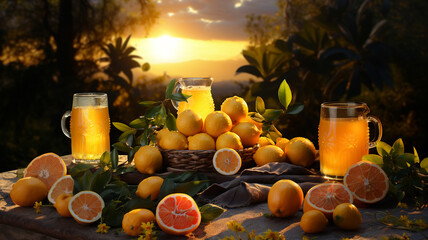 Wall Mural - Freshly squeezed orange juice and sweet Sicilian oranges