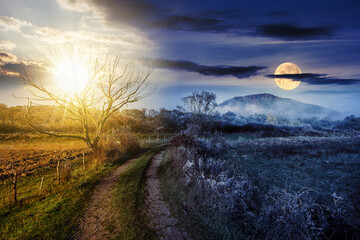rural landscape with country road to mountain through agricultural fields behind fence and few trees