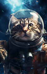 Wall Mural - Cat astronaut in a spacesuit in outer space travels across the expanses of the universe