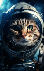 Wall Mural - Cat astronaut in a spacesuit in outer space travels across the expanses of the universe