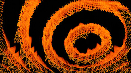 Poster - Wave rings with cyber mesh waves. Design. Virtual grid with vibrations and waves moves on rings. Wave grids on moving circles on black background