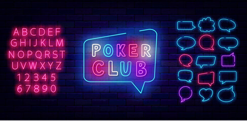 Poker club neon label. Glowing sign for casino. Think cloud frames collection. Card game. Vector stock illustration