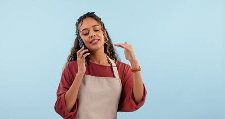 Aufkleber - Barista, cafe worker and woman with phone call, chat with supplier and waitress in studio on blue background. Professional, communication and networking, small business and owner with inventory order
