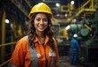 Women miner worker smile wearing helmet in ocean oil mine