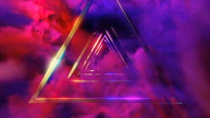 Poster - Tunnel of 3d triangles and nebulae. Design. Magical tunnel with triangles and colorful fog. Tunnel of triangles and colorful fog in mind or virtual space