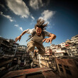 Parkour athlete leaps between city rooftops, daring movement.
