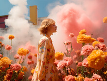 Generative AI Illustration Of Side View Of Redhead Young Woman In Dress With Closed Eyes Standing Against Street Buildings Among Colorful Smoke And Flowers