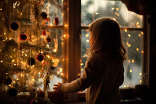 Generative AI Illustration Back View Of Anonymous Girl By The Christmas Tree Looking Out Of The Window In Cozy Room