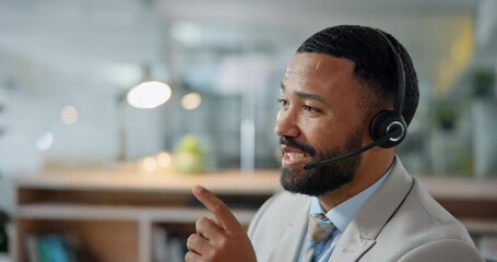 Poster - Happy businessman, call center and consulting in customer service, support or telemarketing at office. Friendly man, consultant or agent talking in contact us, online advice or help at workplace