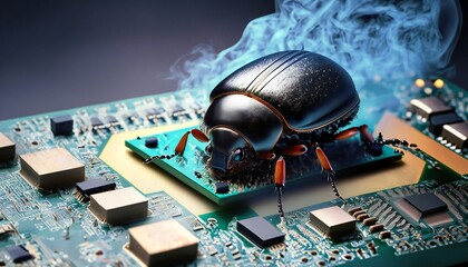 Poster - Beetle attacks and destroys electronics. Concept of computer virus and malicious software code.