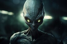 Portrait Of An Alien With Large Eyes, Extraterrestrial Humanoid Character Illustration, Spooky Invader From Outer Space