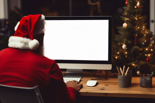 Santa Claus sitting in front of a computer with a white screen with space for text, graphics or inscriptions. Christmas gift shopping concept.generative ai
