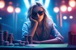 Beautiful blonde woman at casino table, female professional poker player in sunglasses, gambling with chips and cards
