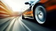 © iridescentstreet - Close-up of wheel of fast sports car on sunny highway: high-performance auto in motion blur