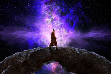 Wall Mural - Buddhist monk looking at the universe