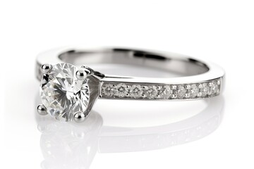 A white gold or platinum ring with a round brilliant cut diamond and pave diamonds on the band, shown from a side angle.