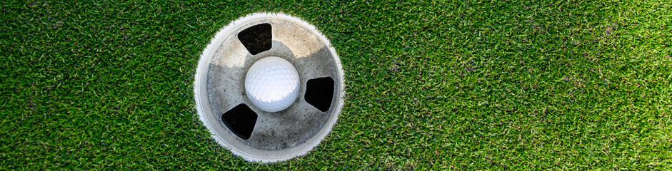 Wall Mural - Closeup of white golf ball in the cup on a putting green
