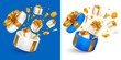 Giveaway, sale or win, birthday celebration concept. 3d realistic open gift box, gifts, coins and confetti fly out from it, like explosion, isolated on blue and white background. Vector illustration