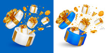 Giveaway, Sale Or Win, Birthday Celebration Concept. 3d Realistic Open Gift Box, Gifts, Coins And Confetti Fly Out From It, Like Explosion, Isolated On Blue And White Background. Vector Illustration