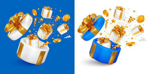 Wall Mural - Giveaway, sale or win, birthday celebration concept. 3d realistic open gift box, gifts, coins and confetti fly out from it, like explosion, isolated on blue and white background. Vector illustration