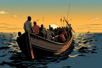 Illustration of boats with Africans arriving in Europe. Migration crisis