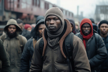 Portrait of young African immigrant with hood and jacket, looking sad and hopeless.