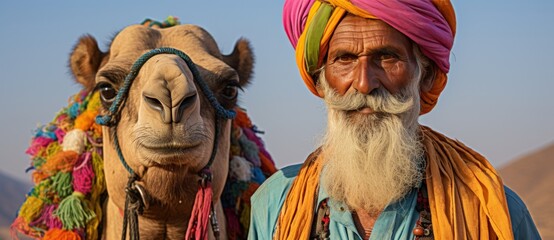 Wall Mural - Indian men on camels in deserts of india