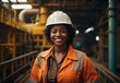 Afro women miner worker smile wearing helmet in ocean oil miner