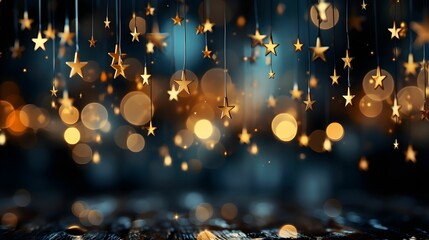 Wall Mural - christmas background with golden stars and bokeh lights. golden bokeh lights on dark blue background
