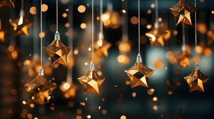 Wall Mural - christmas decoration with golden stars and confetti on bokeh background