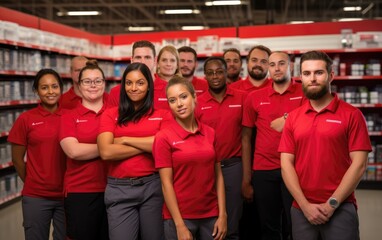 employees stand posing in a store. generative ai