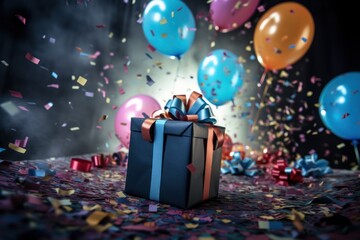 Poster - A colorful gift box is surrounded by vibrant balloons and confetti, creating a festive atmosphere. This image can be used to celebrate birthdays, anniversaries, or any special occasion.