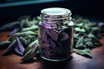 Poster - A jar filled with purple flowers sitting on top of a wooden table. Perfect for adding a touch of nature to any space.