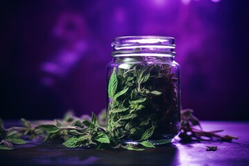 Poster - A glass jar filled with green plants sitting on a table. Perfect for adding a touch of nature to any space.