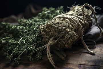 Poster - A collection of dried herbs arranged on a rustic wooden table. This versatile image can be used to depict natural remedies, cooking ingredients, or herbal teas.