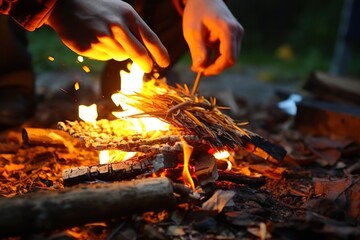 Poster - A person is seen lighting a fire in a wooded area. This image can be used to depict camping, survival skills, or outdoor activities.