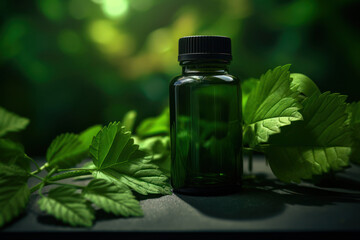Fototapete - A bottle of essential oil sitting on a table. Can be used for aromatherapy or natural skincare products.