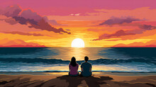 Two People Watching Sunset Sitting On The Sand On The Beach