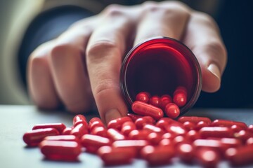 Poster - A close-up image of a person holding a red pill. This image can be used to represent choices, decisions, and the concept of taking a leap of faith.