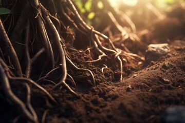 Poster - A close-up view of the intricate network of roots on a tree. This image can be used to depict the strength and stability of nature, or to represent the interconnectedness of life.