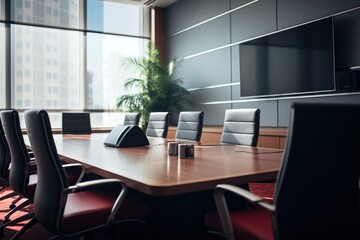 Poster - A conference table with a laptop on top. Ideal for business meetings and presentations.