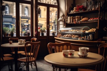 Aufkleber - A table with a cup of coffee placed in front of a bakery. Perfect for showcasing the cozy atmosphere of a bakery and the enjoyment of a hot beverage.