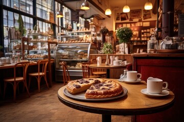 Poster - A table set with a plate of delicious food and a cup of steaming coffee. Perfect for illustrating a cozy meal or a relaxing coffee break.